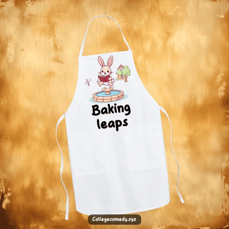 Funny bunny campus apron depicting a joyful bunny holding a book, leaping over a stylized campus fountain, great for cooks.