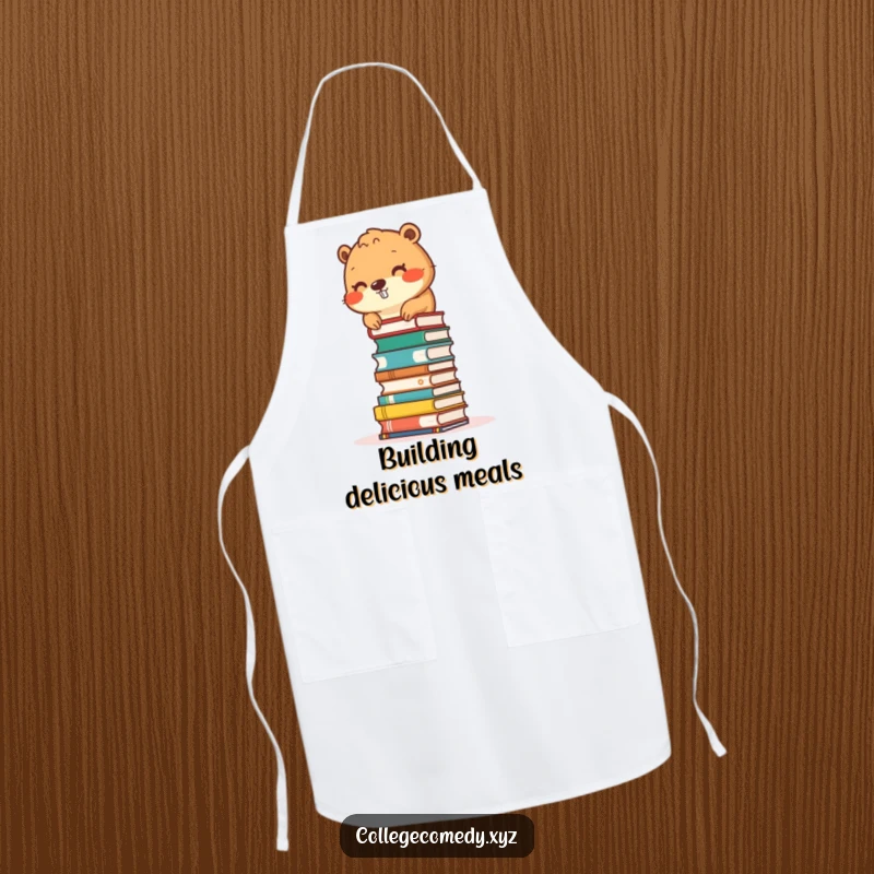 Funny beaver character stacking small books into a tower on a kitchen apron, celebrating culinary and literary passions.