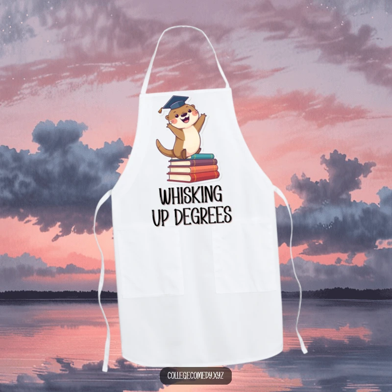 Funny graduation apron depicting a cute otter in a cap enthusiastically leaping off a stack of books, perfect for a cook.