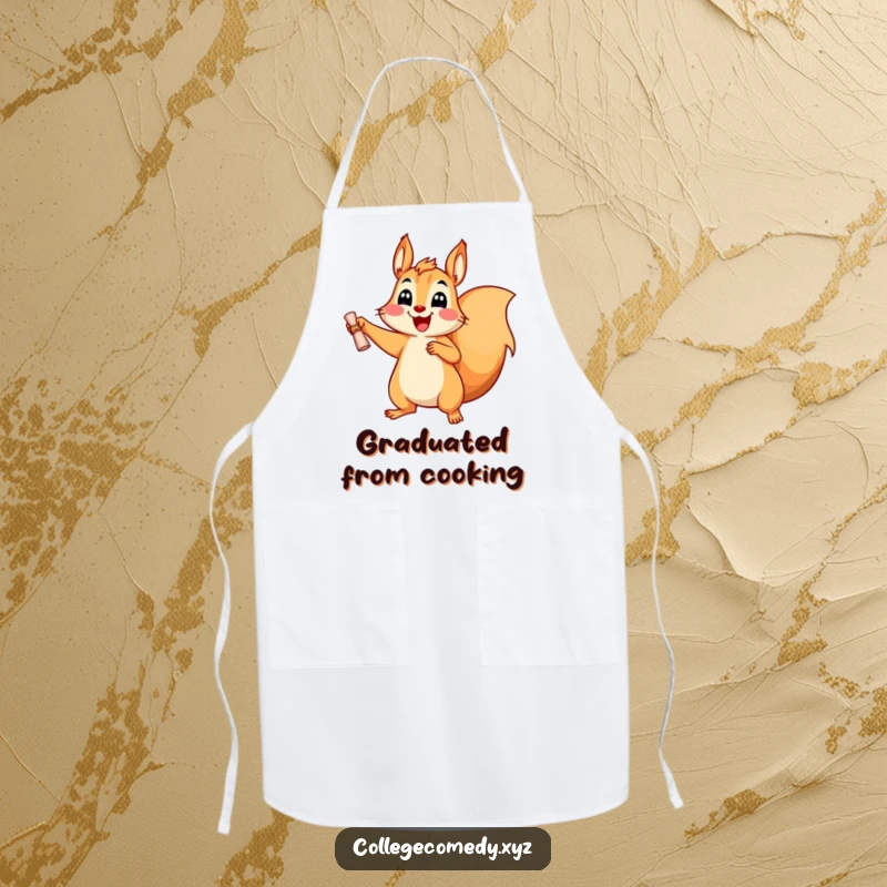 Funny, cheerful squirrel character with a tiny diploma on a kitchen apron, celebrating culinary achievements with humor.