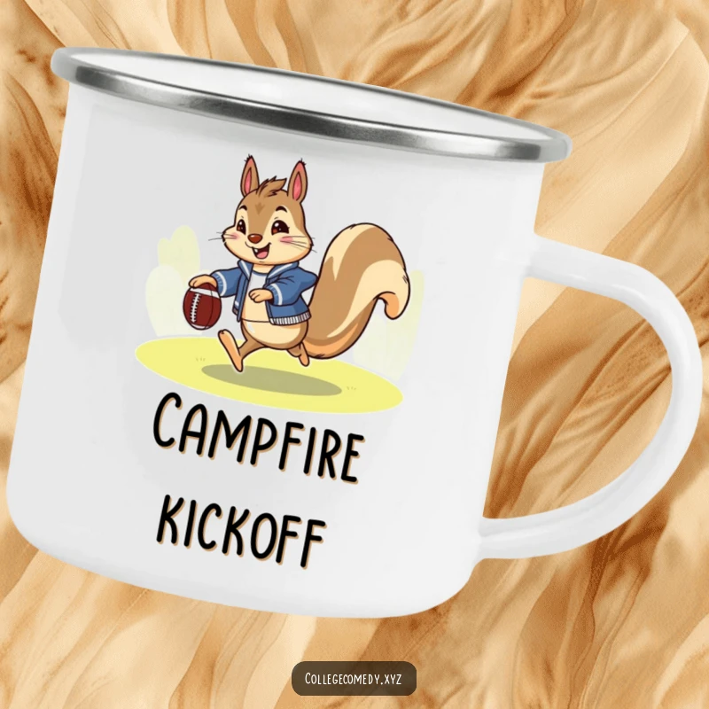 Funny squirrel football camping mug with an enthusiastic squirrel in a letterman jacket, happily kicking a tiny football, for outdoor games.