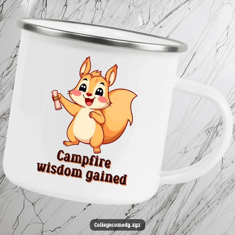 Funny, cheerful squirrel character with a tiny diploma on a rugged camping mug, perfect for outdoor celebrations.