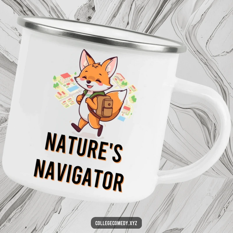 Funny campus camping mug with a playful fox wearing a backpack, joyfully navigating a colorful campus map, for outdoor fun.