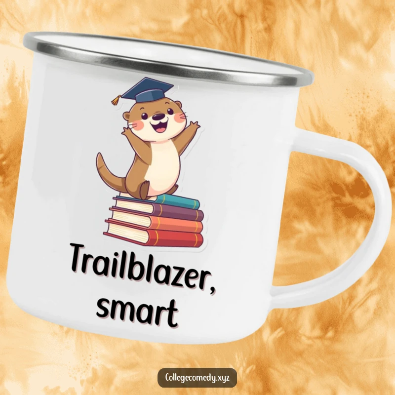Funny graduation camping mug with a cute otter in a cap, enthusiastically leaping off books, perfect for outdoor celebrations.