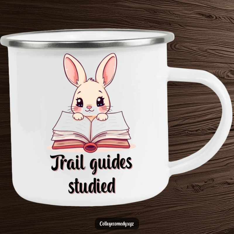 Funny rabbit character peeking into a colorful, open textbook on a rugged camping mug, perfect for outdoor study.