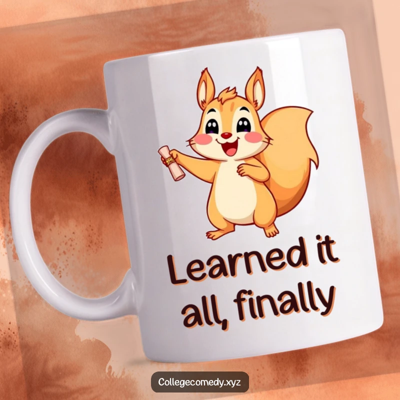 Funny, cheerful squirrel character jumping for joy while holding a tiny diploma, celebrating graduation success.