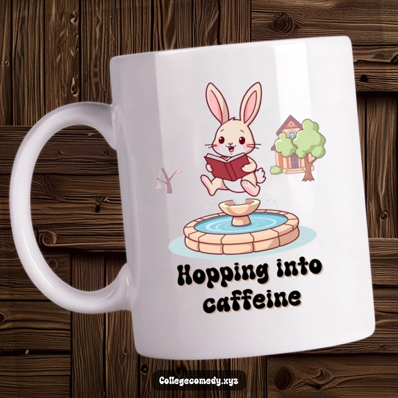 Funny bunny campus mug showing a joyful bunny with a book, leaping over a stylized fountain, celebrating education.