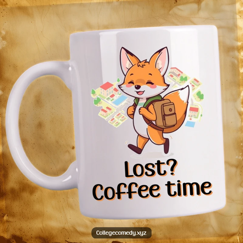 Funny campus mug showing a playful fox with a backpack, joyfully looking at a colorful map, ready for adventure.