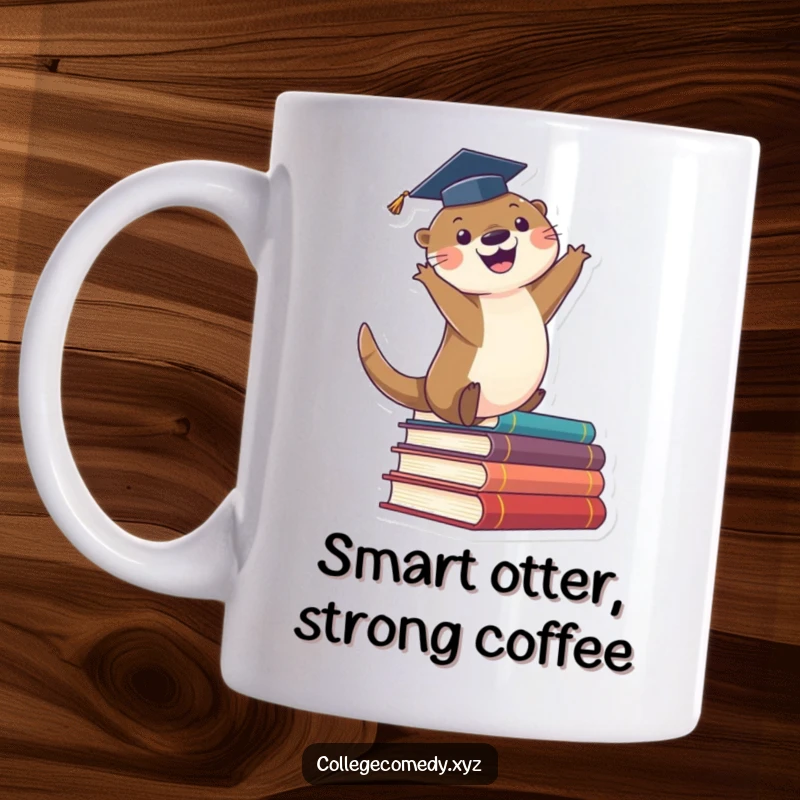 Funny graduation mug featuring a cute otter in a cap leaping joyfully off a stack of books, celebrating academic success.