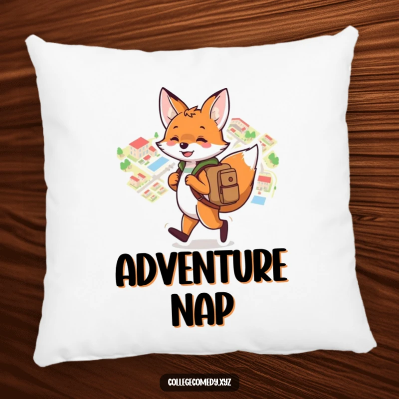 Funny campus pillow with a playful fox wearing a backpack, joyfully navigating a colorful campus map, adding comfort and charm.