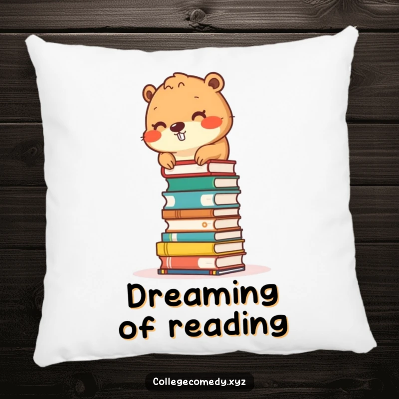 Funny beaver character stacking small books into a tower on a soft pillow, bringing comfort and literary charm.