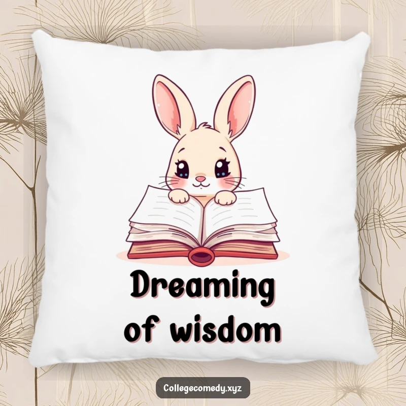 Funny rabbit character peeking into a colorful, open textbook on a soft pillow, bringing comfort and intellectual charm.