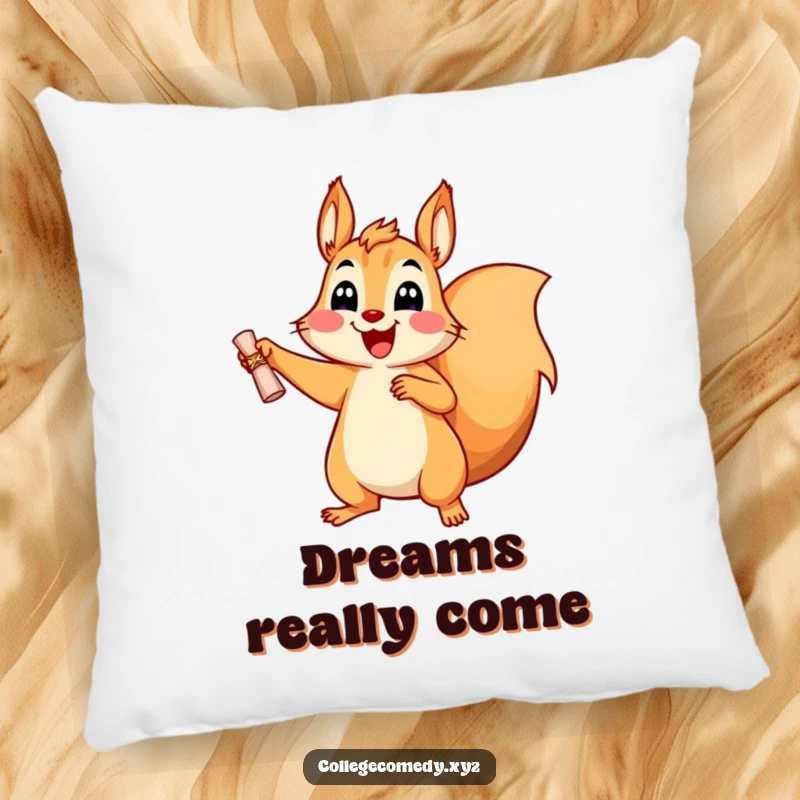 Funny, joyful squirrel character with a tiny diploma on a soft pillow, bringing comfort and celebratory vibes.
