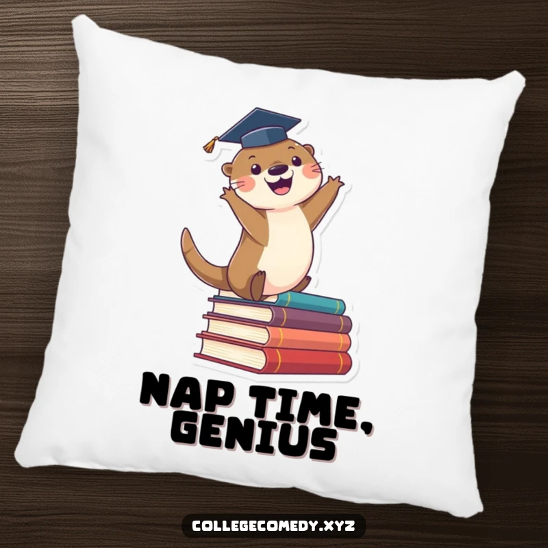 Funny graduation pillow with a cute otter in a cap enthusiastically leaping off a stack of books, adding humor and comfort.