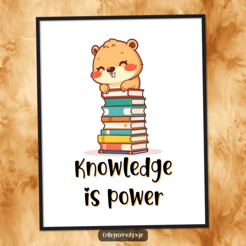Funny beaver character stacking small books into a tower as digital art, ready to print for bookish spaces.