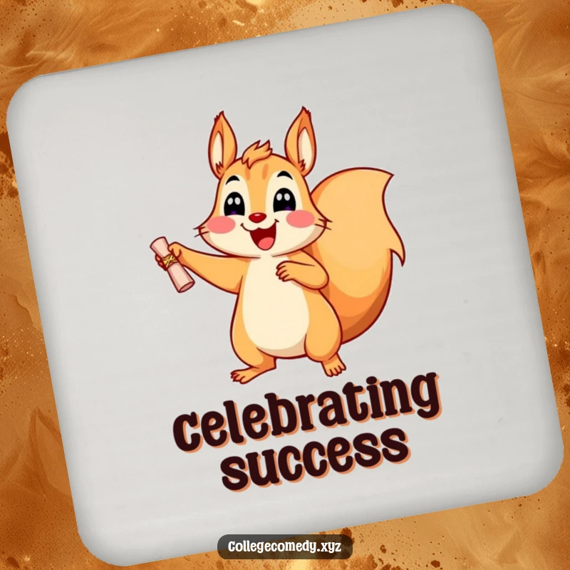 Funny, happy squirrel character with a tiny diploma on a drink coaster, celebrating achievements with humor.