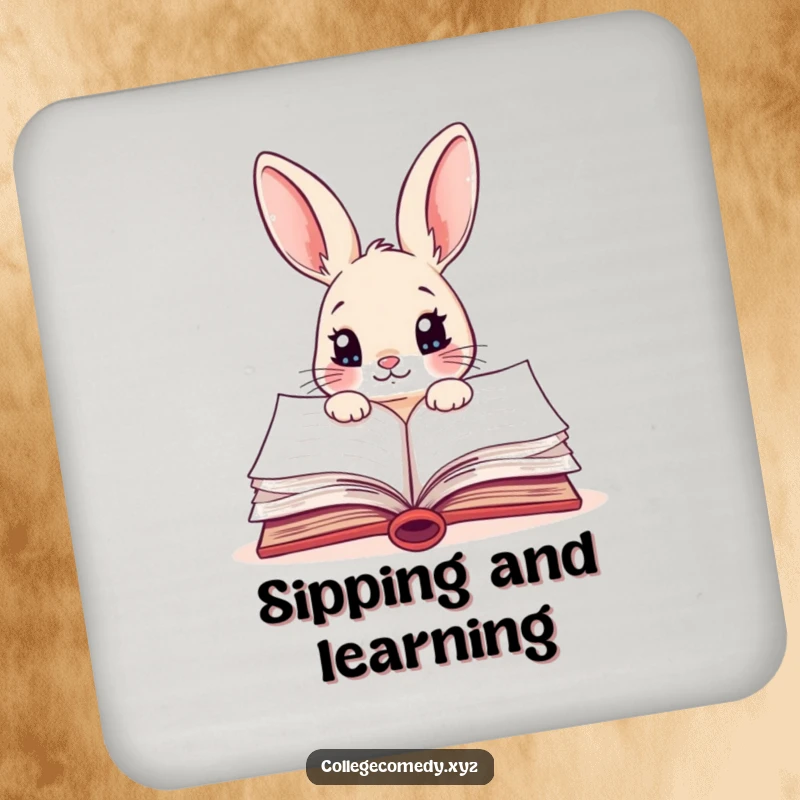 Funny rabbit character peeking into a colorful, open textbook on a drink coaster, protecting surfaces with humor.