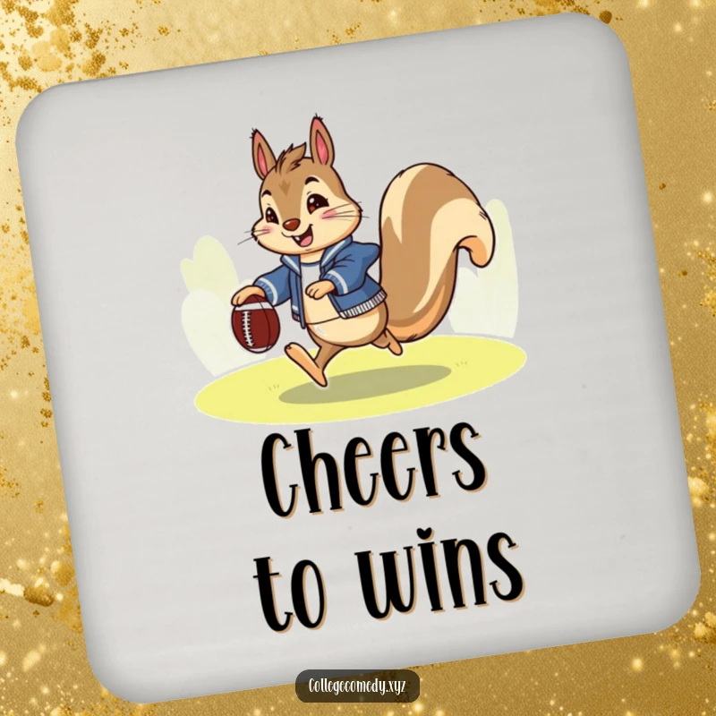 Funny squirrel football drink coaster featuring an enthusiastic squirrel in a letterman jacket, happily kicking a tiny football, adding flair.