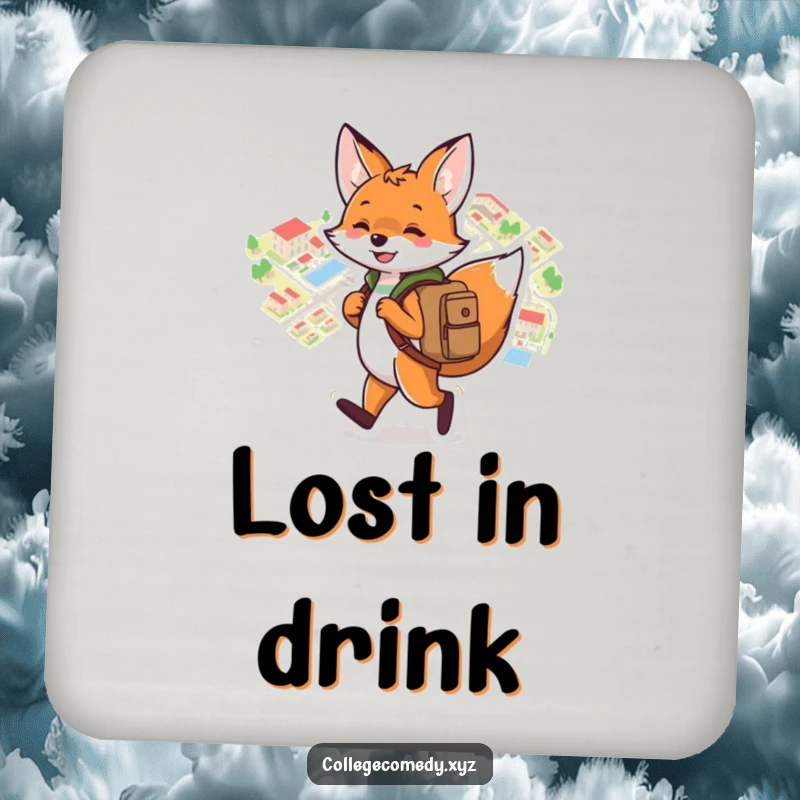 Funny campus drink coaster featuring a playful fox with a backpack, joyfully navigating a colorful campus map, adding whimsy.
