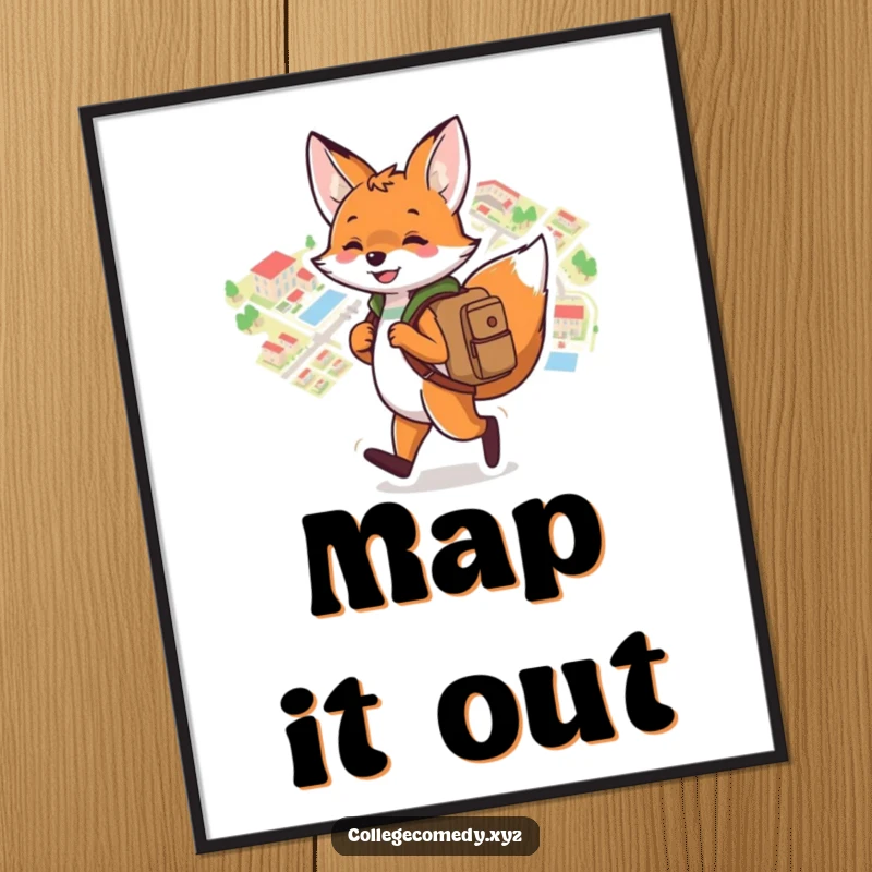 Funny campus poster featuring a playful fox with a backpack, joyfully navigating a colorful campus map, whimsical wall art.