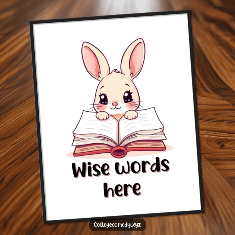 Funny rabbit character peeking into a colorful, open textbook on a poster, perfect wall art for study areas.