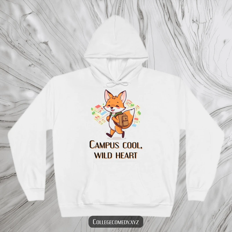 Funny campus hoodie showing a playful fox with a backpack, joyfully navigating a colorful campus map, ready for exploration.