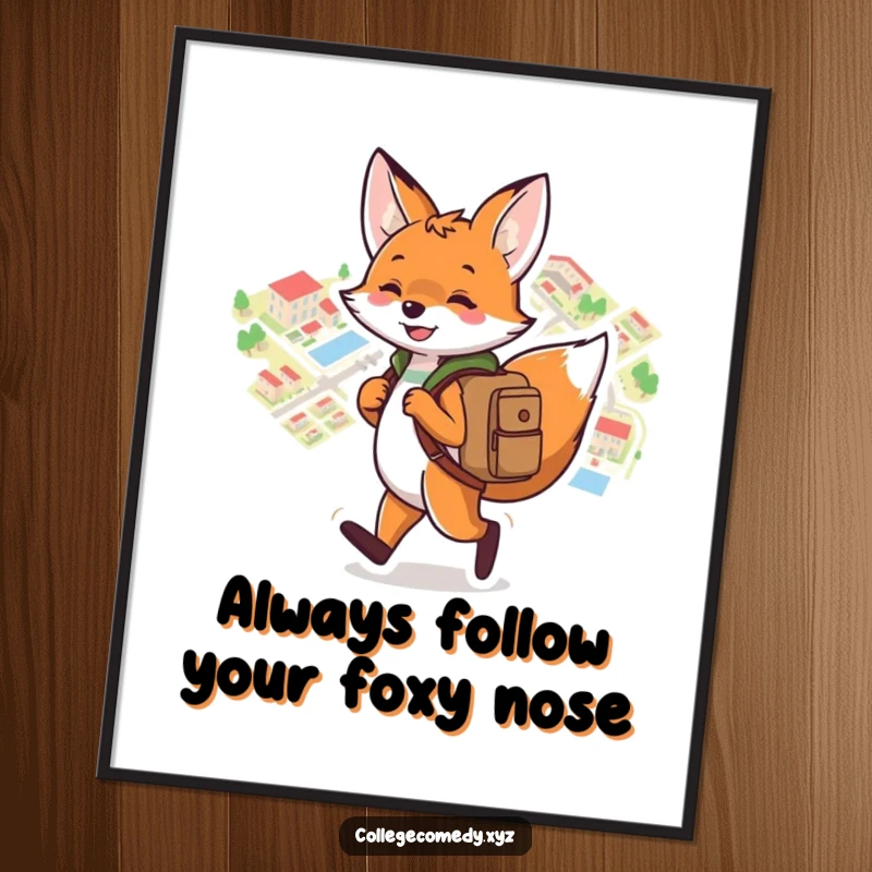 Funny free printable wall art of a playful fox with a backpack navigating a colorful campus map, seeking adventure.