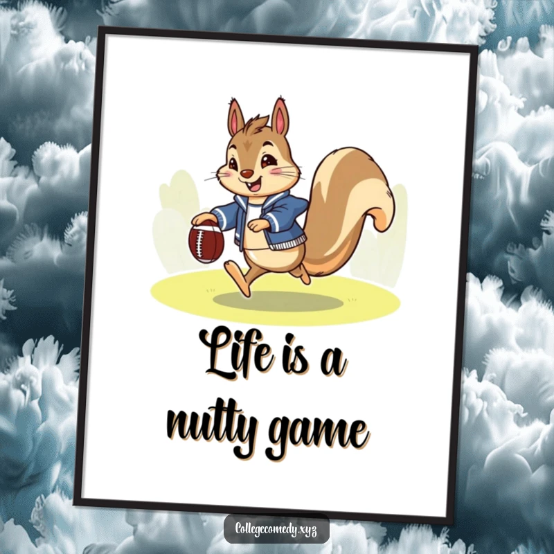Funny free printable wall art of an enthusiastic squirrel wearing a letterman jacket, kicking a tiny football with gusto.