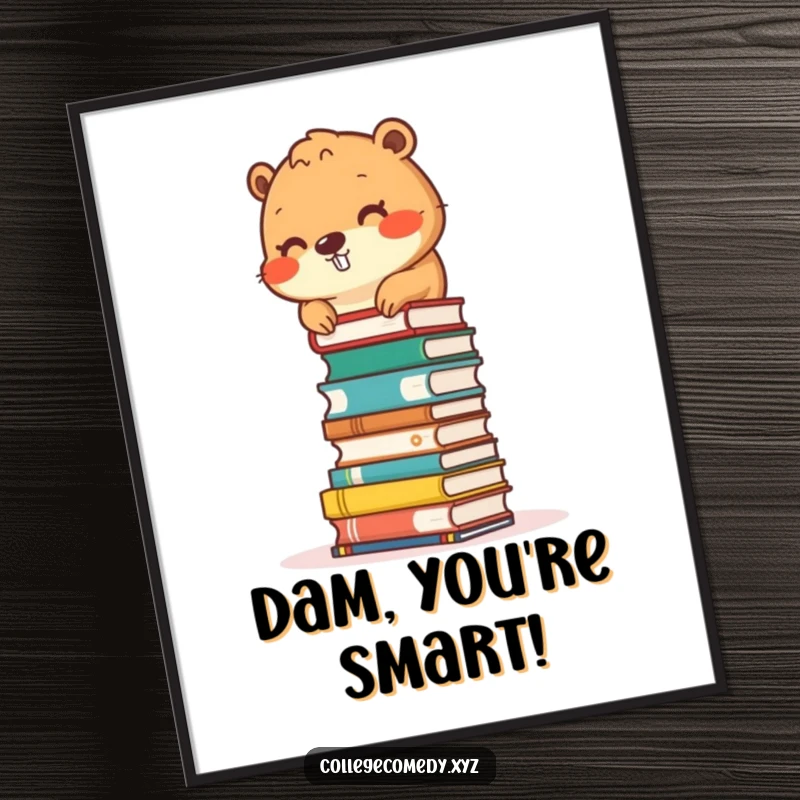 Funny Free Printable Beaver Wall Art: A busy beaver meticulously stacks small books into a tower, creating a quirky intellectual display.