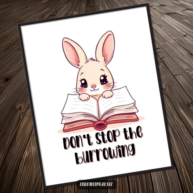 Funny Free Printable Rabbit Wall Art: A curious rabbit peeks into a vibrant open textbook, inviting exploration and wonder.