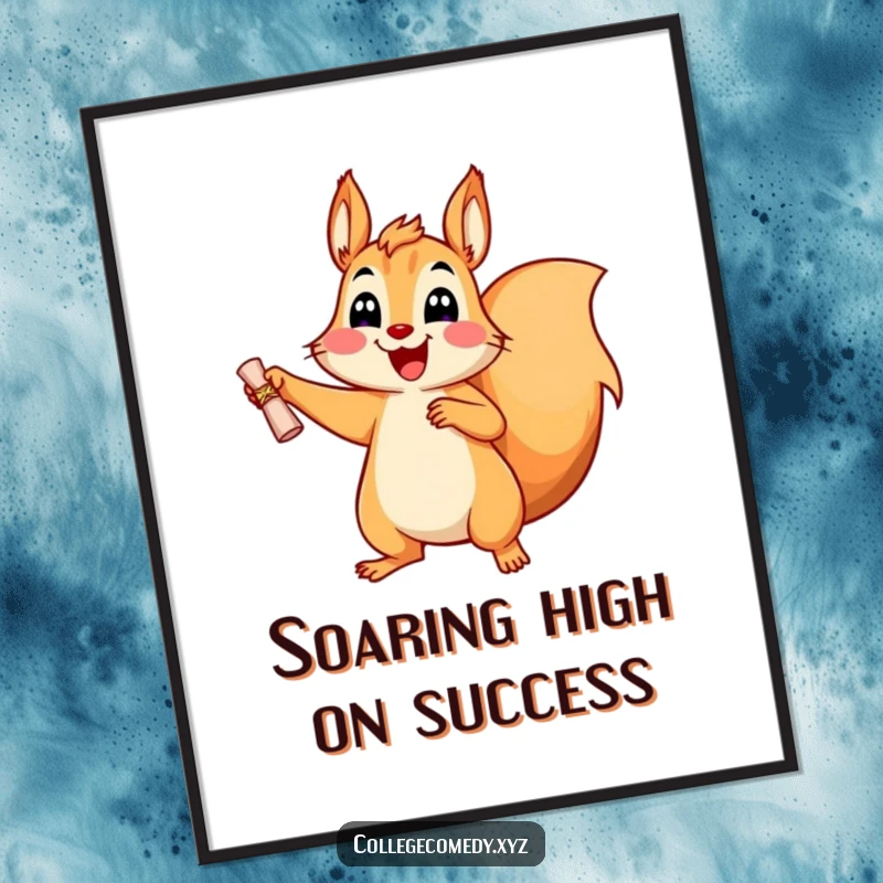 Funny Free Printable Squirrel Wall Art: A cheerful squirrel jumps for joy holding a tiny diploma, symbolizing achievement and happiness.