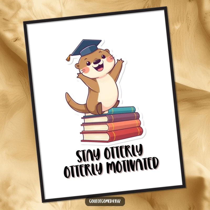 Funny free printable wall art of a cute otter in a graduation cap leaping off books, celebrating academic success.