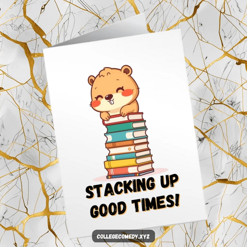 Funny Free Printable Beaver Birthday Card: A busy beaver diligently stacks small books into a tower, celebrating your special day.