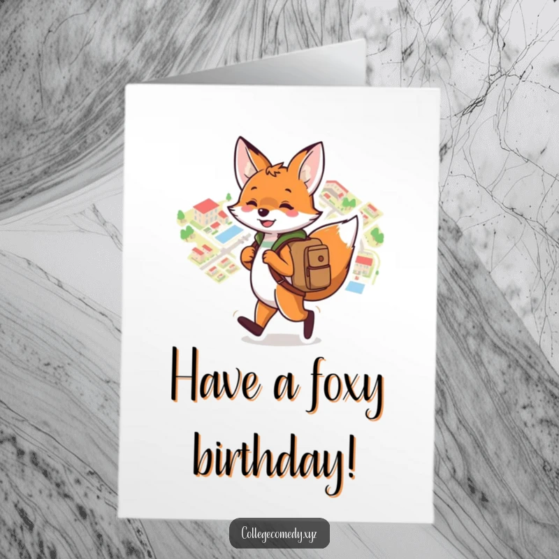 Funny free printable birthday card featuring a playful fox with a backpack navigating a campus map, ready for adventure.