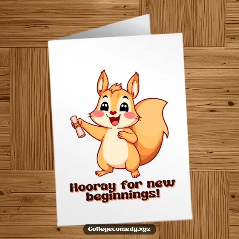Funny Free Printable Squirrel Birthday Card: A cheerful squirrel holds a tiny diploma and jumps for joy, celebrating your big day.