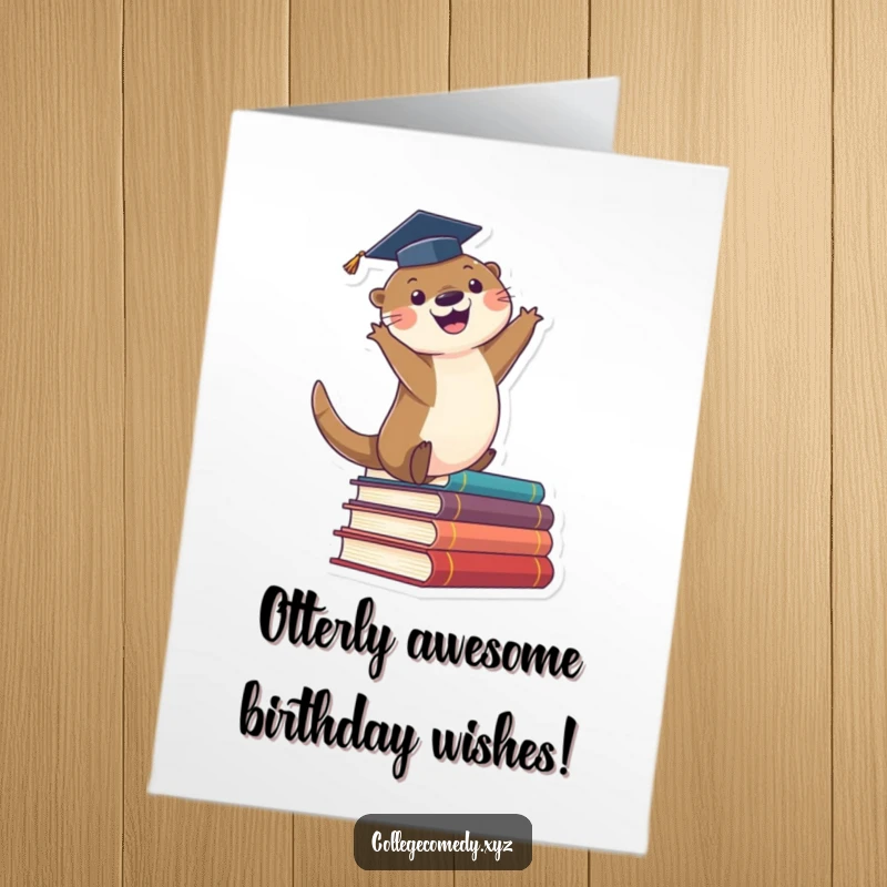 Funny free printable graduation card featuring a cute otter in a cap leaping off books, celebrating academic achievement.
