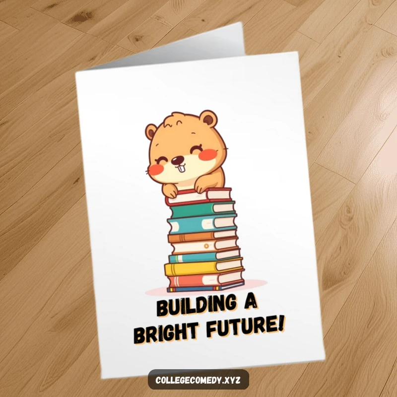 Funny Free Printable Beaver Congratulations Card: A busy beaver constructs a tower of small books, celebrating your well-earned success.
