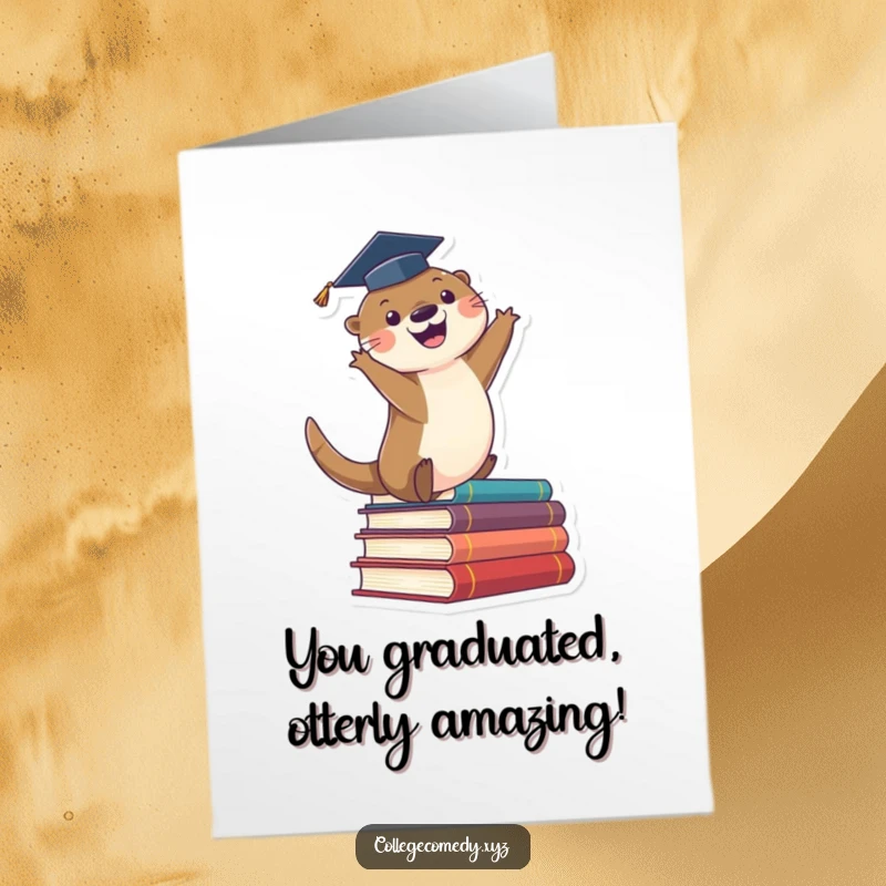 Funny free printable congratulations card showing a cute otter in a graduation cap leaping off books, celebrating success.