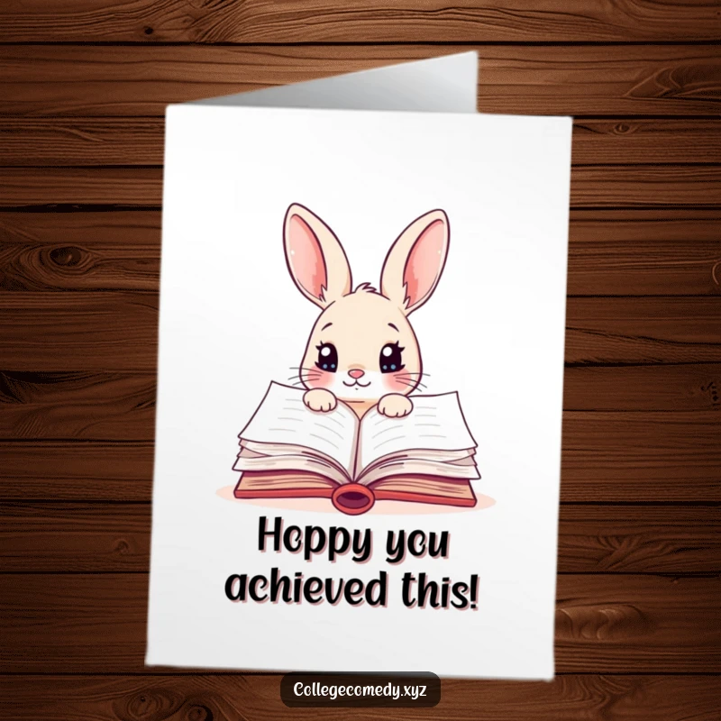 Funny Free Printable Rabbit Congratulations Card: A curious rabbit discovers knowledge within a colorful open textbook, celebrating your success.