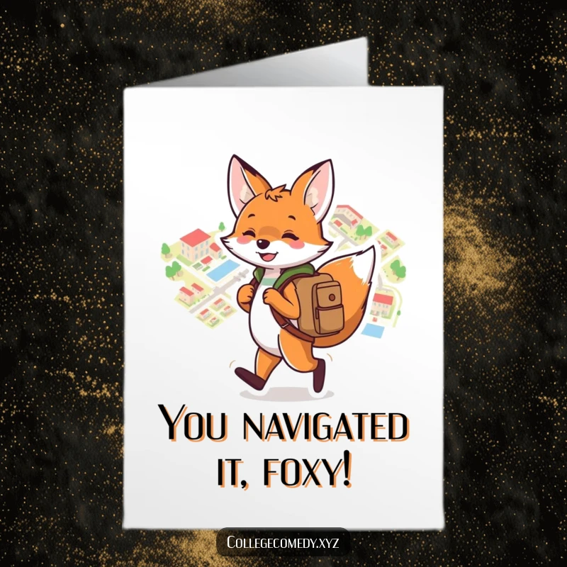 Funny free printable congratulations card with a playful fox with a backpack using a campus map, celebrating new paths.