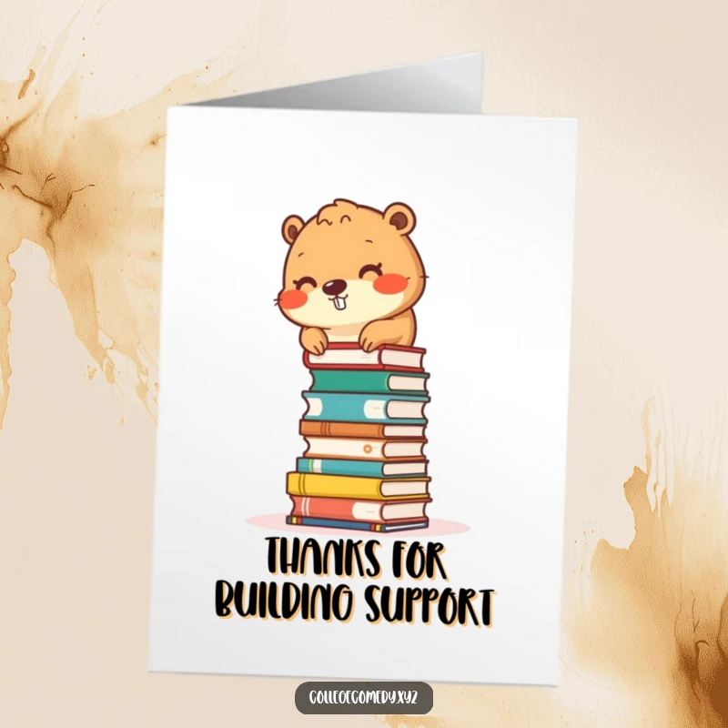 Funny Free Printable Beaver Thank You Card: A busy beaver carefully stacks small books into a tower, showing appreciation.