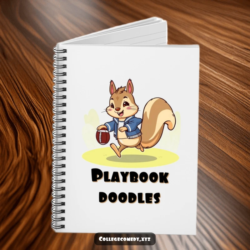Funny squirrel football notebook cover with an enthusiastic squirrel in a letterman jacket, happily kicking a tiny football, ready for notes.