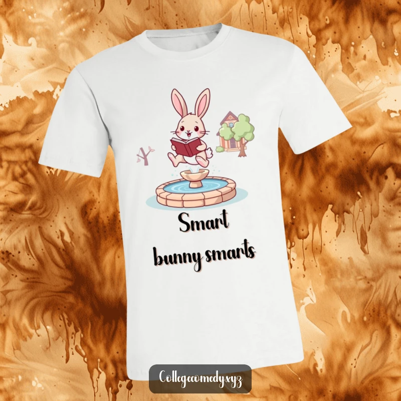 Funny bunny campus t-shirt with an energetic bunny holding a book, leaping over a stylized campus fountain with glee.