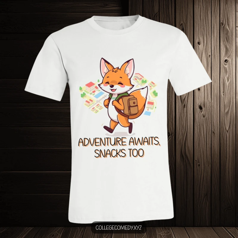 Funny campus t-shirt with a playful fox wearing a backpack, joyfully navigating a colorful campus map with excitement.