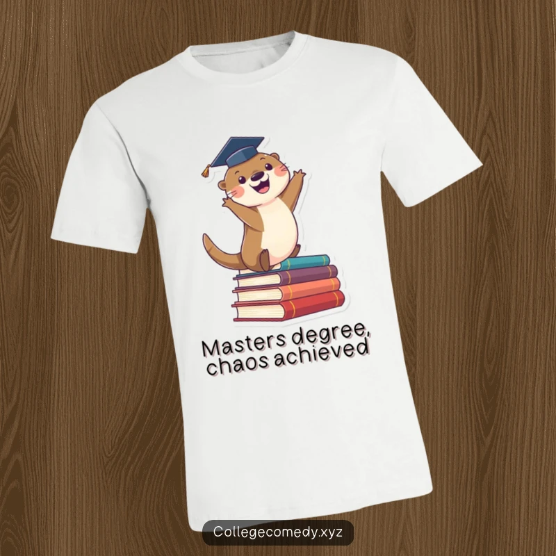 Funny graduate t-shirt showcasing a cute otter in a graduation cap, enthusiastically leaping off a stack of books with joy.
