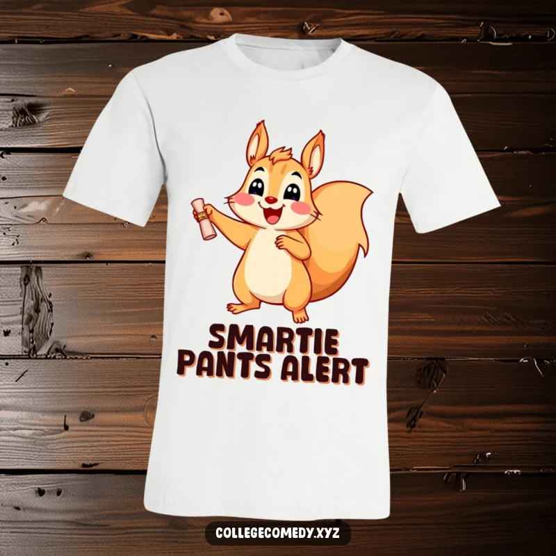 Funny, happy squirrel character jumping with a tiny diploma on a T-shirt, symbolizing graduation and joy.