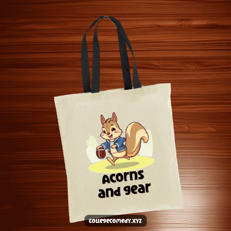 Funny squirrel football tote bag with an enthusiastic squirrel in a letterman jacket, happily kicking a tiny football, for game day.