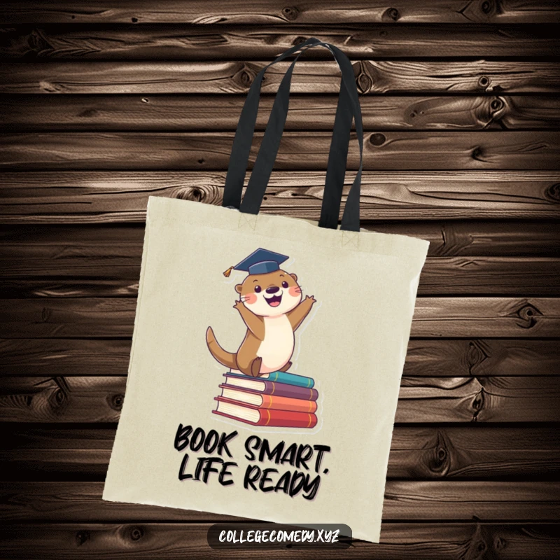 Funny graduation tote bag with a cute otter in a cap, enthusiastically leaping off a stack of books, a symbol of achievement.