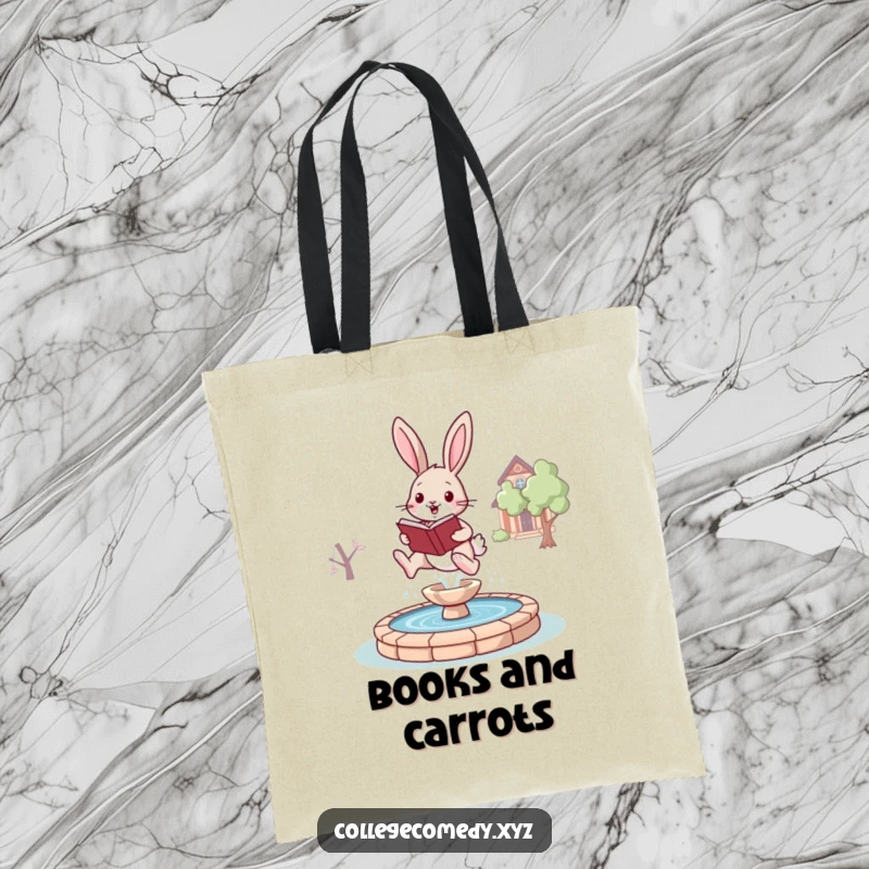Funny bunny campus tote bag with an energetic bunny holding a book, leaping over a stylized campus fountain, perfect for students.