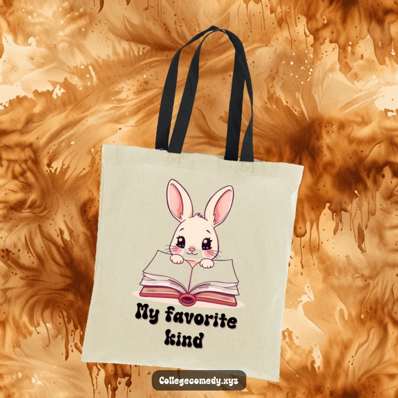 Funny rabbit character peeking into a colorful, open textbook on a tote bag, ideal for carrying books and supplies.